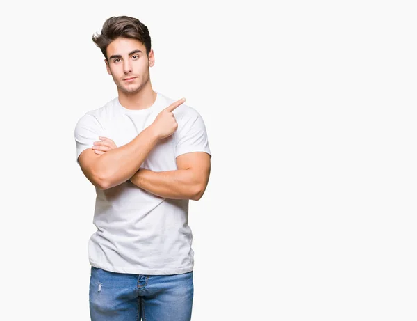 Joven Hombre Guapo Con Camiseta Blanca Sobre Fondo Aislado Señalando — Foto de Stock