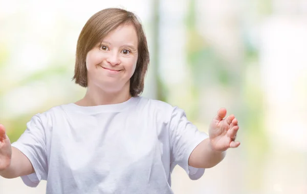 Ung Vuxen Kvinna Med Downs Syndrom Över Isolerade Bakgrund Tittar — Stockfoto