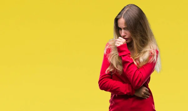 Ung Vacker Blond Kvinna Klädd Röd Tröja Över Isolerade Bakgrunden — Stockfoto