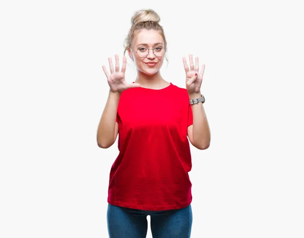 Mladá Blond Žena Nosí Brýle Izolované Pozadí Zobrazení Ukázal Prsty — Stock fotografie