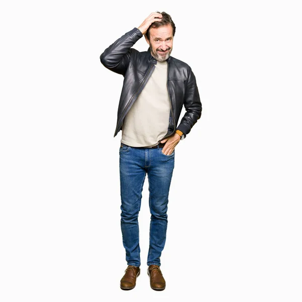 Middle Age Handsome Man Wearing Black Leather Jacket Confuse Wonder — Stock Photo, Image