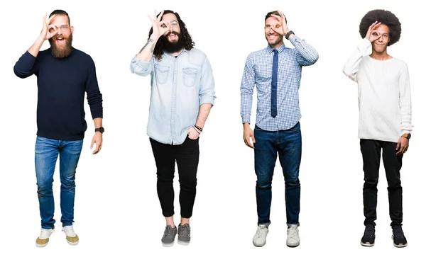 Collage Grupp Unga Män Över Vit Isolerade Bakgrund Gör Gest — Stockfoto