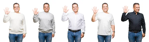 阿拉伯中年男子的组成在孤立的背景显示和指向用手指数字五 同时微笑着自信和快乐 — 图库照片