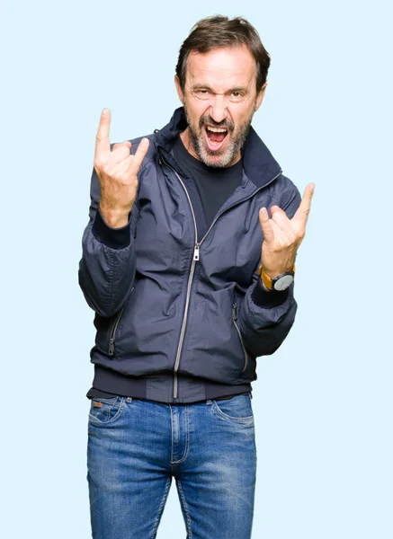 Middle Age Handsome Man Wearing Jacket Shouting Crazy Expression Doing — Stock Photo, Image