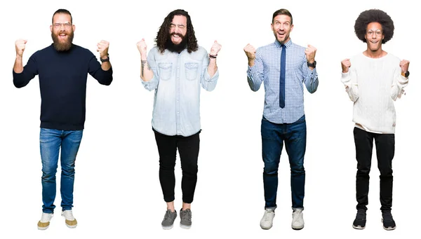 Collage Van Groep Jonge Mannen Het Vieren Van Witte Geïsoleerde — Stockfoto