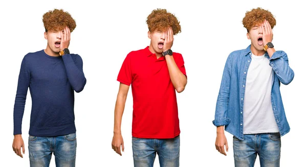 Kollázs Fiatalember Visel Különböző Néz Yawning Fáradt Fél Arc Szemkörnyék — Stock Fotó