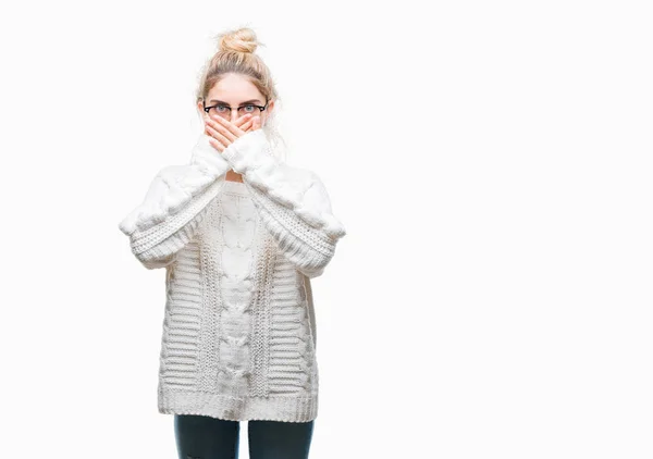 Young Beautiful Blonde Woman Wearing Glasses Isolated Background Shocked Covering — Stock Photo, Image