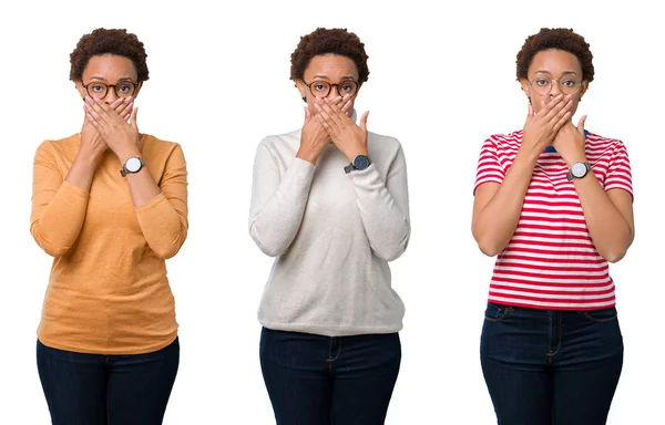 Hata için ellerle ağız kapsayan şok gözlüklü afro saçlı genç Afro-Amerikan kadın. Gizli kavramı.