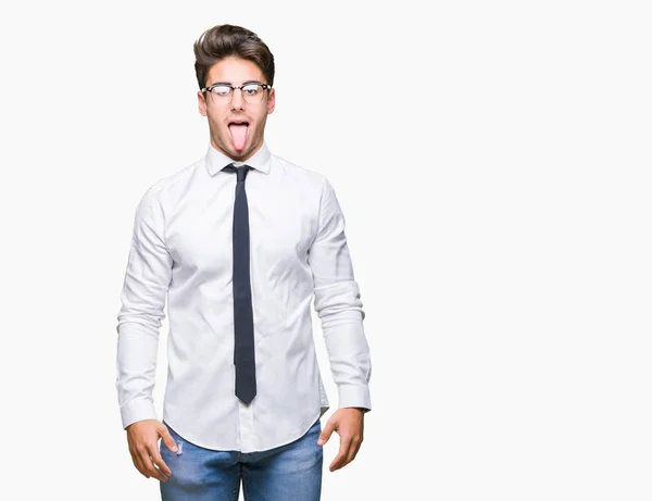 Joven Hombre Negocios Con Gafas Sobre Fondo Aislado Sacando Lengua — Foto de Stock