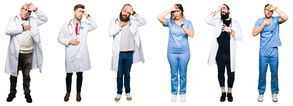 Collage Grupo Médicos Cirujanos Personas Sobre Fondo Blanco Aislado Tocando —  Fotos de Stock