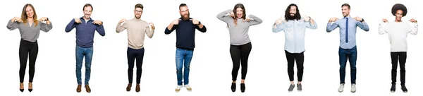 Collage Personnes Sur Fond Blanc Isolé Regardant Confiant Avec Sourire — Photo