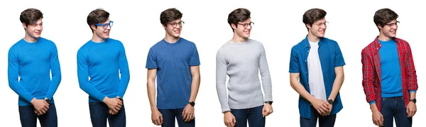 Collage Ung Man Över Vita Isolerade Bakgrunden Tittar Bort Till — Stockfoto