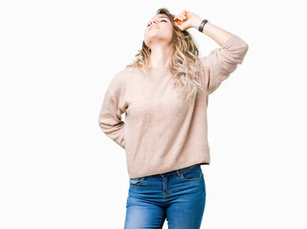 Mooie Jonge Blonde Vrouw Sweatershirt Dragen Geïsoleerd Achtergrond Die Zich — Stockfoto