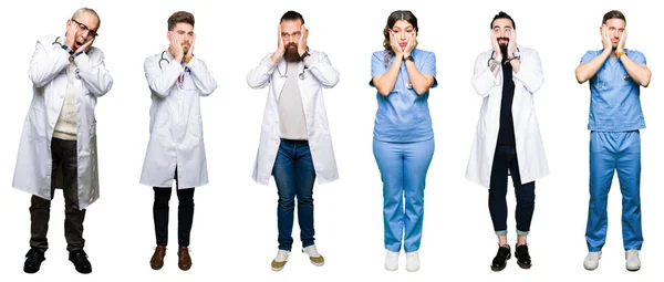 Collage Group Doctors Surgeons People White Isolated Background Tired Hands — Stock Photo, Image