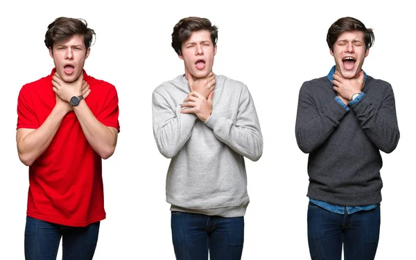 Collage Young Man White Isolated Background Shouting Suffocate Because Painful — Stock Photo, Image