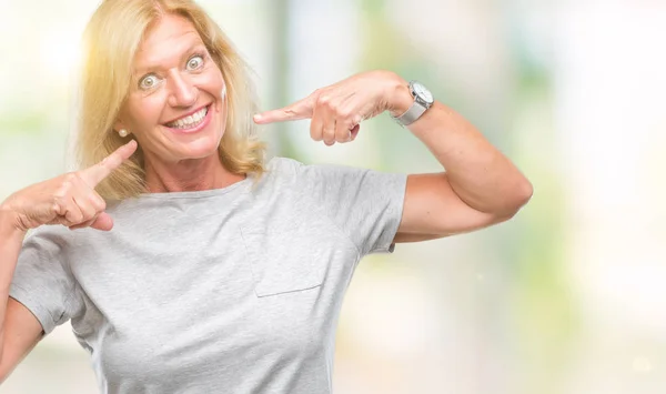 Middle Age Blonde Woman Isolated Background Smiling Confident Showing Pointing Stock Photo