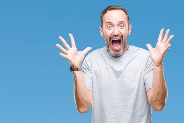 Orta yaş üst düzey ağarmış adam deli kutluyor arka plan izole ve başarı için kaldırdı kollarını açarak hayrete ve heyecanlı çığlık gözleri açık. Kazanan kavramı