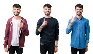 Kolaj bir hareketi el ile mutlu yaşasın yapıyor izole arka plan üzerinde genç adam. Başarı gösteren kameraya bakarak ifade onaylama.