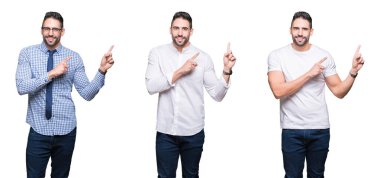 Yakışıklı iş adamı gülümseyen ve iki elleri ve parmakları ile tarafına işaret kamera bakıyor beyaz izole arka plan üzerine kolaj.