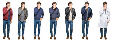 Farklı giyen yakışıklı orta yaş adam kolaj beyaz izole arka plan yorgun sürtünme burun ve göz yorgunluğu ve baş ağrısı duygu üzerinde görünüyor. Stres ve hayal kırıklığı kavramı.