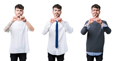 Eksi işareti yapıyor izole arka plan ret ifade geçiş parmakları genç adam kolaj