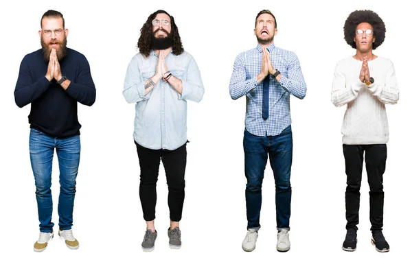 Collage Gruppo Giovani Sfondo Bianco Isolato Mendicare Pregare Con Mani — Foto Stock