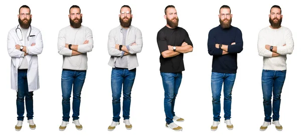 Collage Eines Jungen Mannes Mit Dutt Über Weißem Isoliertem Hintergrund — Stockfoto