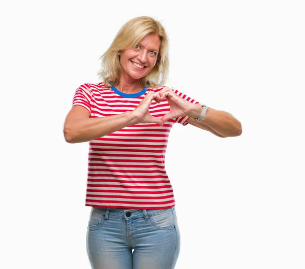 Middle Age Blonde Woman Isolated Background Smiling Love Showing Heart — Stock Photo, Image