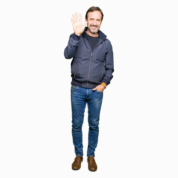 Middle Age Handsome Man Wearing Jacket Showing Pointing Fingers Number — Stock Photo, Image
