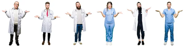 Collage Gruppo Medici Chirurghi Persone Sfondo Bianco Isolato Sorridente Mostrando — Foto Stock