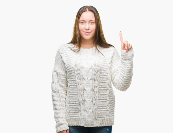Młoda Piękna Kobieta Kaukaski Swetrze Zima Białym Tle Wyświetlono Skierowaną — Zdjęcie stockowe