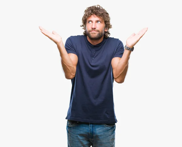 Handsome Hispanic Model Man Isolated Background Clueless Confused Expression Arms — Stock Photo, Image
