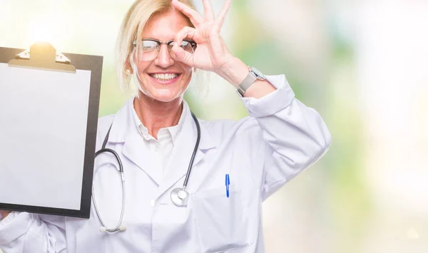 Middle Age Blonde Doctor Woman Holding Clipboard Isolated Background Happy — Stock Photo, Image