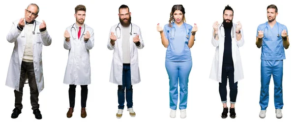 Colagem Grupo Médicos Cirurgiões Pessoas Sobre Fundo Isolado Branco Fazendo — Fotografia de Stock