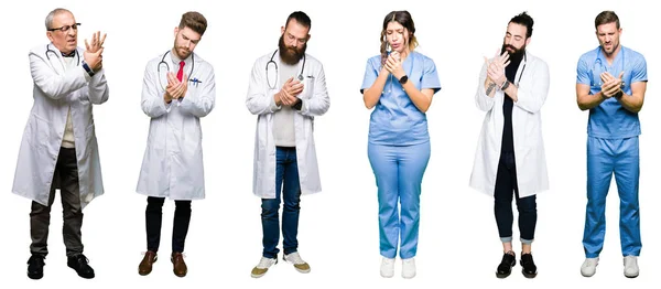 Collage Gruppo Medici Chirurghi Persone Sfondo Bianco Isolato Dolore Alle — Foto Stock