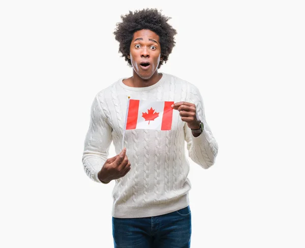 加拿大黑人男子国旗在孤立的背景下吓坏了惊讶的脸 害怕和兴奋与恐惧的表情 — 图库照片