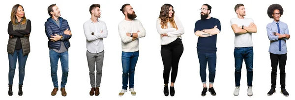Collage Von Menschen Vor Weißem Isoliertem Hintergrund Die Mit Gekreuzten — Stockfoto
