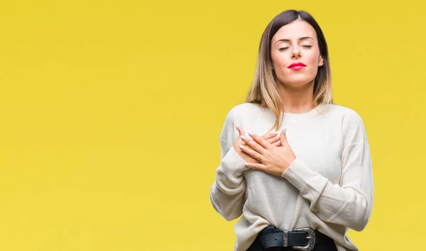 Giovane Bella Donna Casual Maglione Bianco Sfondo Isolato Sorridente Con — Foto Stock