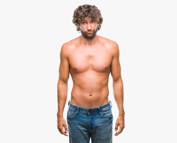 Mężczyzna Przystojny Hiszpanin Model Sexy Półnagi Białym Tle Depresji Niepokoju — Zdjęcie stockowe