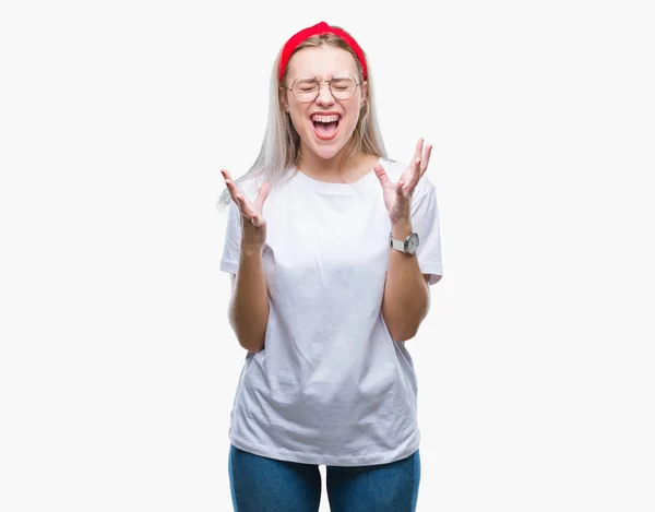 Young Blonde Woman Wearing Glasses Isolated Background Celebrating Mad Crazy — Stock Photo, Image