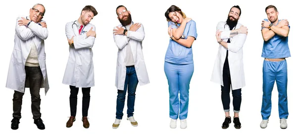 Collage Grupo Médicos Cirujanos Personas Sobre Fondo Blanco Aislado Abrazarse — Foto de Stock