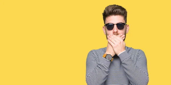 Young Handsome Man Wearing Sunglasses Shocked Covering Mouth Hands Mistake — Stock Photo, Image