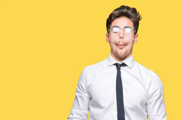 Fiatal Üzletember Szemüveg Arcára Elszigetelt Háttér Így Hal Ajkak Őrült — Stock Fotó