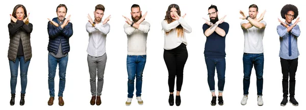 Collage Personas Sobre Fondo Blanco Aislado Expresión Rechazo Cruzando Brazos — Foto de Stock