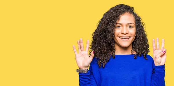 Young Beautiful Woman Curly Hair Wearing Winter Sweater Showing Pointing — Stock Photo, Image