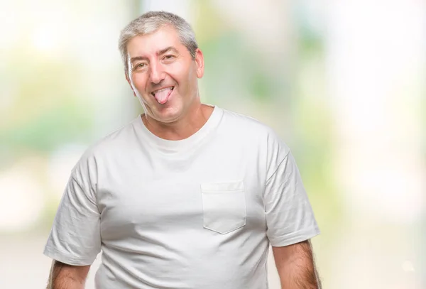 Hombre Mayor Guapo Sobre Fondo Aislado Sacando Lengua Feliz Con — Foto de Stock