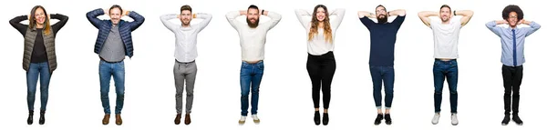 Colagem Pessoas Sobre Fundo Isolado Branco Relaxar Esticar Com Braços — Fotografia de Stock