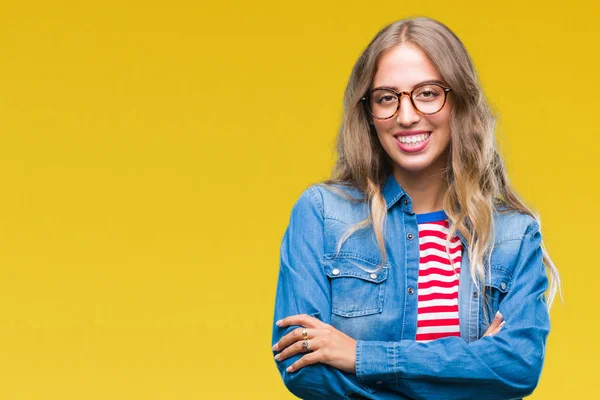 Linda Jovem Loira Usando Óculos Sobre Fundo Isolado Rosto Feliz — Fotografia de Stock