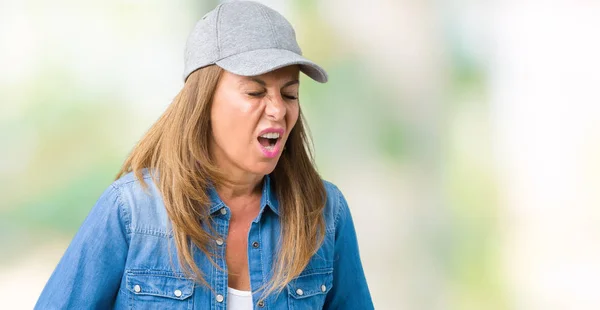 Beautiful Middle Age Woman Wearing Sport Cap Isolated Background Hand — Stock Photo, Image