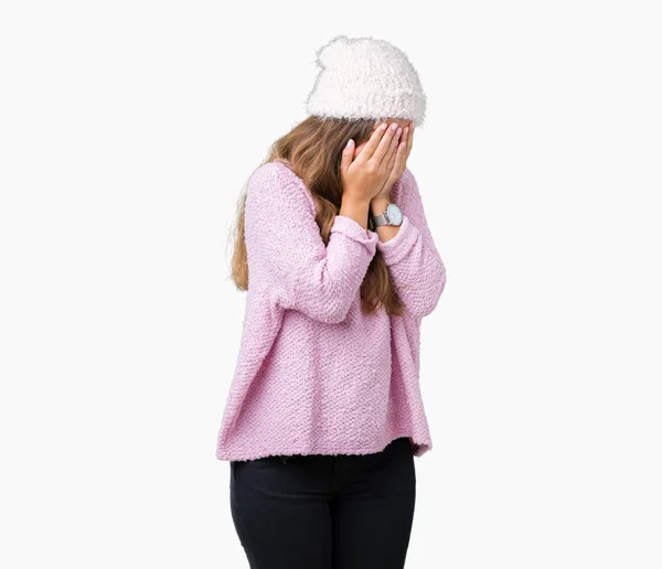 손으로 얼굴을 표정으로 스웨터와 모자를 우울증 — 스톡 사진